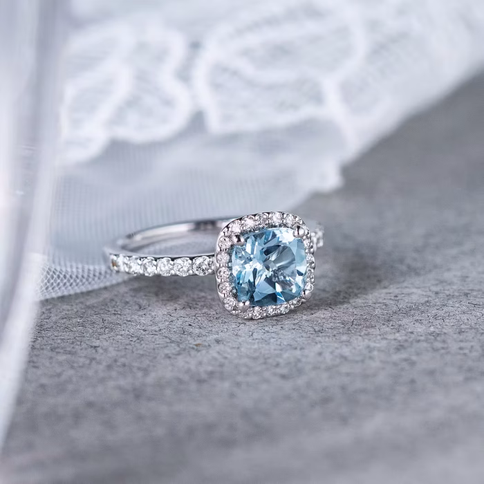 Cushion-cut Aquamarine Halo Ring