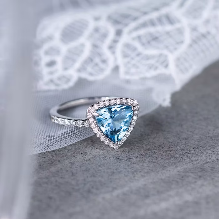 Trilliant-cut Aquamarine Halo Ring